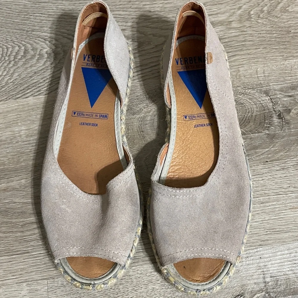 Verbenas Espadrilles Suede Flats Sz 38 Tan Leather Peep Toe Shoes SPAIN
